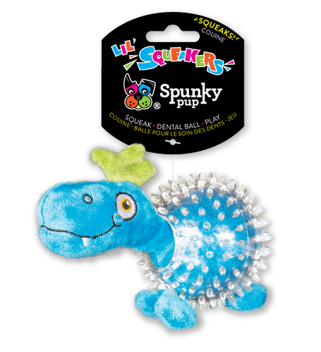 Spunky Pup Lil’ Squeakers Dino in Clear Spiky Ball